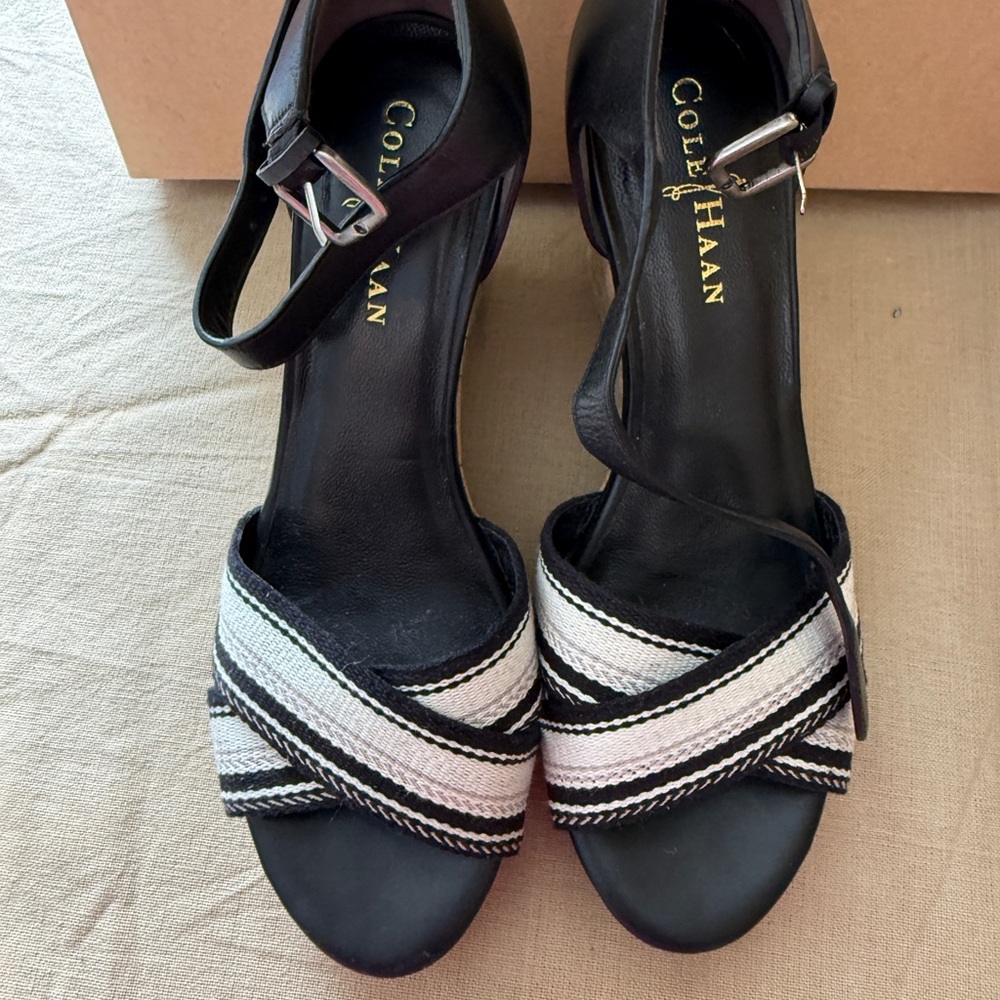 Cole Haan Black and White Air Tamsyn Wedge Sandal with Elegant Crisscross Design